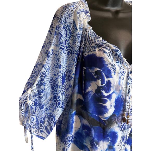 Style & Co Women Top Blouse Size Large Short Sleeve V-Neck Blue White Floral New - Picture 3 of 10